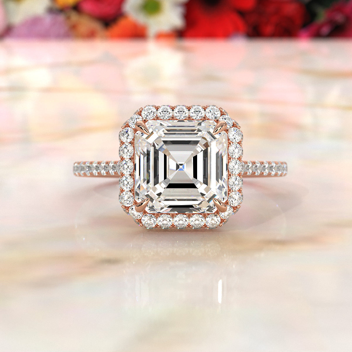 Double Halo Asscher  Lab Grown Diamond French Pave Set Engagement Ring